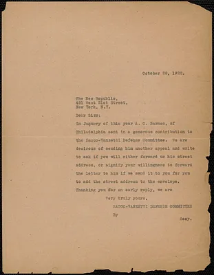 Sacco-Vanzetti Defense Committee autograph letter signed to The New Republic, Boston, Mass., October 28, 1922