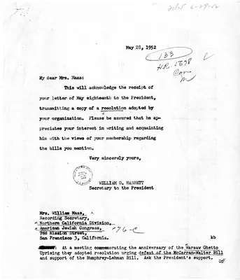 Letter from Mrs. William Maas to President Harry S. Truman with a Reply from William D. Hassett