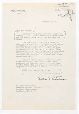 Doc. No. 275: Letter from Adlai Stevenson to Ellsworth Bunker, President of the American National Red Cross