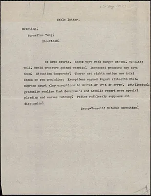 Sacco-Vanzetti Defense Committee telegram (copy) to Georg Branting, Boston, Mass., [August 10?, 1927]