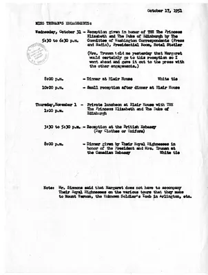 Memorandum, Miss Margaret Truman's Engagements