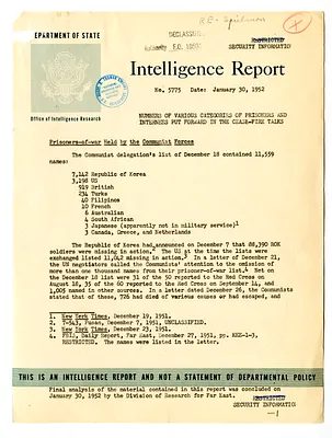 Department of State Intelligence Report Number 5775, Numbers of Various Categories of Prisoners and Internees Put Forward in the Cease-Fire Talks