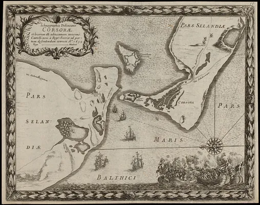 Ichnographia delineatio Corsorae et locorum illi adiacentium maximè Castelli novi à Rege Sueciae ad portum defendendum extructi ao. 1659