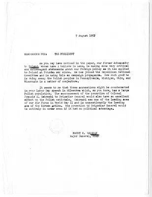 Memorandum from Major General Harry Vaughan to President Harry S. Truman