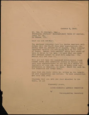 Sacco-Vanzetti Defense Committee typed letter (copy) to Joseph F. Kratizer, (Journeyman Barbers International Union of America, Local No. 21), Boston, Mass., October 5, 1922