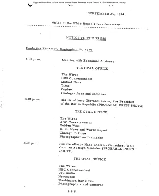 Press Pool Assignments for September 26, 1974