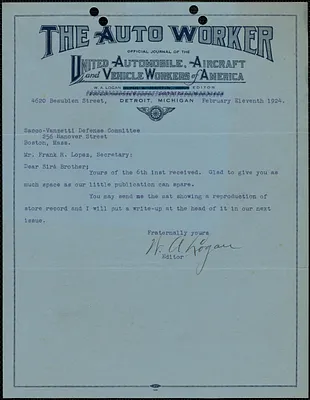 W. A. Logan (The Auto Worker) typed note signed to Frank R. Lopez (Sacco-Vanzetti Defense Committee), Detroit, Mich., February 11, 1924