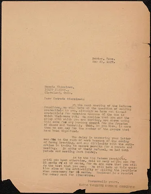 Sacco-Vanzetti Defense Committee typed letter (copy) to Bessie Kimmelman (Sacco-Vanzetti Defense Committee, Cleveland), Boston, Mass., May 31, 1927