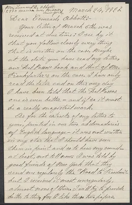 Sacco-Vanzetti Case Records, 1920-1928. Correspondence. Bartolomeo Vanzetti to Leonard Abbott, March 24, 1927. Box 39, Folder 9, Harvard Law School Library, Historical & Special Collections