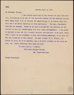 Letter from William Lloyd Garrison, Boston, [Mass.], to Joseph Ricketson, Dec. 4, 1847
