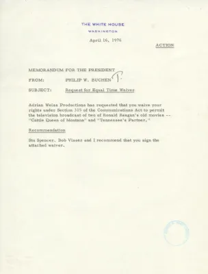Memorandum from Philip W. Buchen to President Gerald R. Ford Regarding a Request for Equal Time Waiver