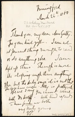 Emily Tennyson autograph letter signed to Mrs. Gatty, Farringford, [Isle of Wight], 24 March 1860