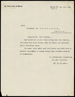 Kükenthal, Willy, 1861- autograph letter signed to Mr. Kollege, New York, 25 July 1911