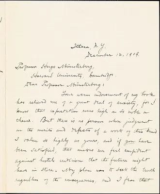Faust, Albert Bernhardt, 1870-1951 autograph letter signed to Hugo Münsterberg, Ithaca, N.Y., 12 December 1909