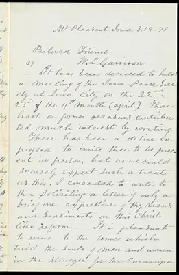 Letter from Ruth Dugdale, Mt. Pleasant, Iowa, to William Lloyd Garrison, 3-19-[18]78