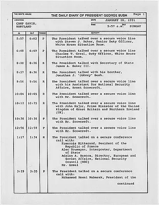President's Daily Diary Entry, January 20, 1991