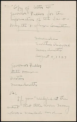 Ruth Mann autograph letter signed (copy) to [Alvan T.] Fuller, Martha's Vineyard, Mass., August 5, 1927