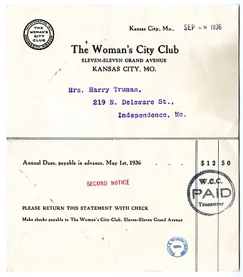 Annual Dues Statement from Women's City Club to Bess W. Truman
