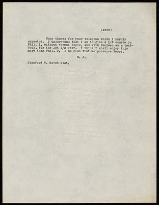 James, William, 1842-1910 typed letter signed to Hugo Münsterberg, Stanford, Vt., 21 March 1906