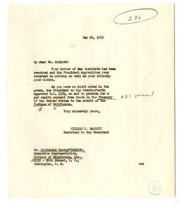 Letter from Frederick Collett to President Harry S. Truman, with a Reply from William D. Hassett