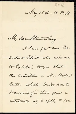 James, William, 1842-1910 autograph letter signed to Hugo Münsterberg, [Cambridge, Mass.], 15 May [1892?]