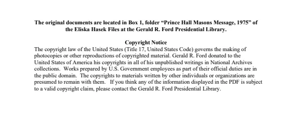 Prince Hall Masons Message, 1975