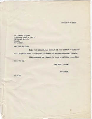 Letters Sent to Josiah Stryker, November 29, 1927