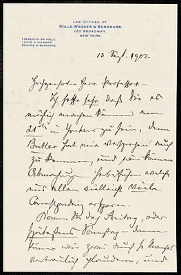 Holls, Frederick William, 1857-1903 autograph letter signed to Hugo Münsterberg, New York, 13 September 1902
