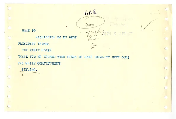 Telegram from Unidentified Sender to President Harry S. Truman
