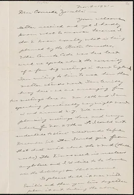 [Elizabeth Gurley Flynn] autograph letter signed to Comrade Zancello, [New York, N. Y. ?], November 4, 1921