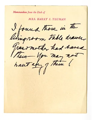 Note from Bess W. Truman to Margaret Truman
