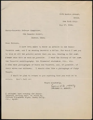 Leonard D. Abbott typed letter signed to Sacco-Vanzetti Defense Committee, New York, N.Y., May 27, 1926