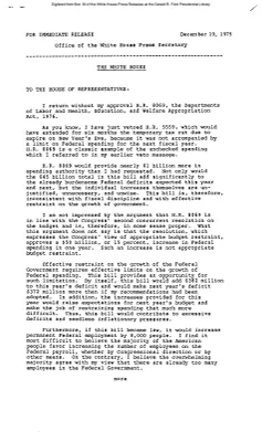President Vetoes H.R. 8069, the Departments of Labor and Health, Education, and Welfare Appropriation Act, 1976 [Veto Statements and Announcements]