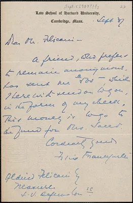 Felix Frankfurter autograph note signed to Aldino Felicani, Cambridge, Mass., [September 1927?]