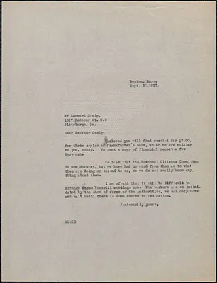 Mary Donovan typed letter (copy) to Leonard Craig (Sacco-Vanzetti Defense Committee of Western Pennsylvania), Boston, Mass., September 22, 1927
