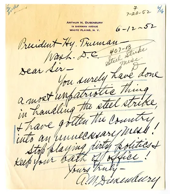 Letter from Arthur Dusenbury to President Harry S. Truman with Attached Newspaper Clipping