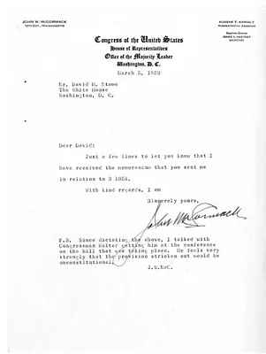 Letter from Representative John W. McCormack to David Stowe