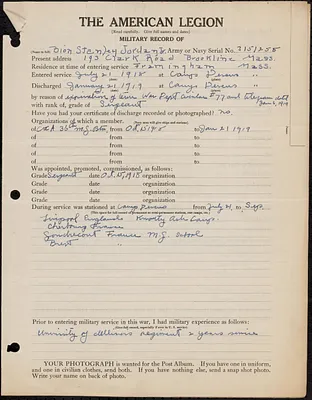 American Legion military record of Bion Stanley Jordan, Jr.