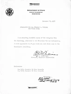 Memorandum from W. J. McWilliams to William J. Hopkins, with Attached Telegrams from Secretary of State Dean Acheson to President Harry S. Truman