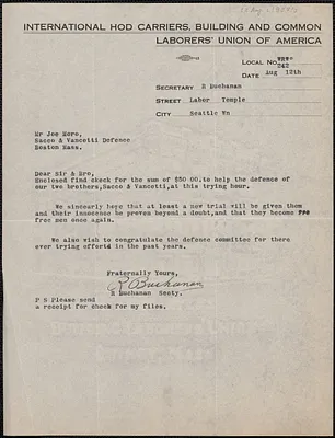 R. Buchanan (International Hod Carriers', Building and Common Laborers' Union of America) typed letter signed to Joseph Moro, Seattle, Wash., August 12, 1927