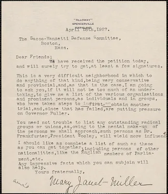 Mary Janet Miller typed letter signed to Sacco-Vanzetti Defense Committee, Spenserville, Md., April 18, 1927