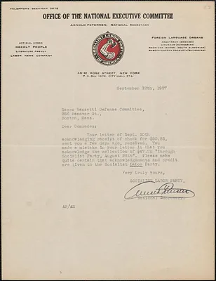 Arnold Petersen (Socialist Labor Party, Office of the National Executive) typed note signed to Sacco-Vanzetti Defense Committee, New York, N. Y., September 12, 1927