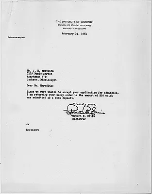 Letter from the Registrar at the University of Mississippi to James Meredith, 21 February 1961