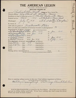 American Legion military record of Frederick Allen Howell