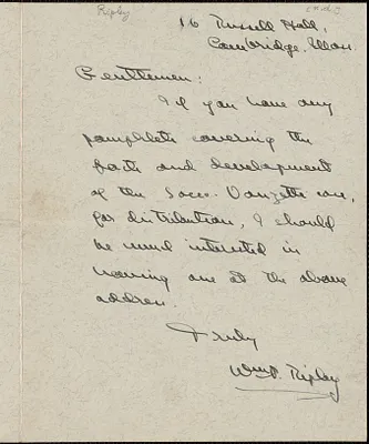 William P. Ripley autograph note signed to [Sacco-Vanzetti Defense Committee], Cambridge, Mass.
