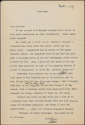 Silas Bent typed letter signed to Gardner [Jackson], March 1, 1929