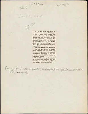 Nicola Sacco printed extract to [Elizabeth Glendower Evans], [Dedham?, September 1923?]