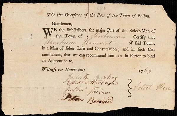 Nathaniel Rhodes indentured to apprentice with Abraham Hammatt of Sherburn, 8 September 1769
