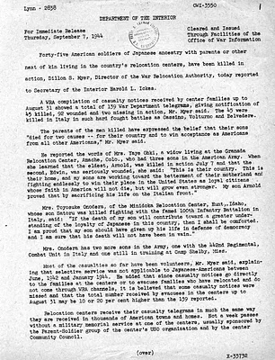 Department of the Interior Press Release Regarding Death of American Soldiers of Japanese Ancestry