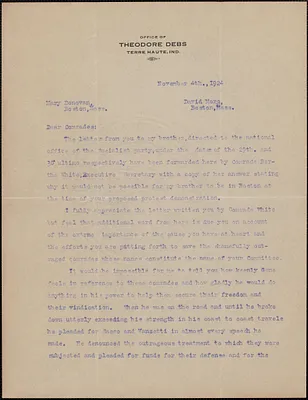 Theodore Debs typed letter signed to Mary Donovan, Terre Haute, Ind., November 4, 1924